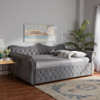 Baxton Studio Abbie-Grey Velvet-Daybed-Full Abbie Traditional and Transitional Grey Velvet Fabric Upholstered and Crystal Tufted Full Size Daybed